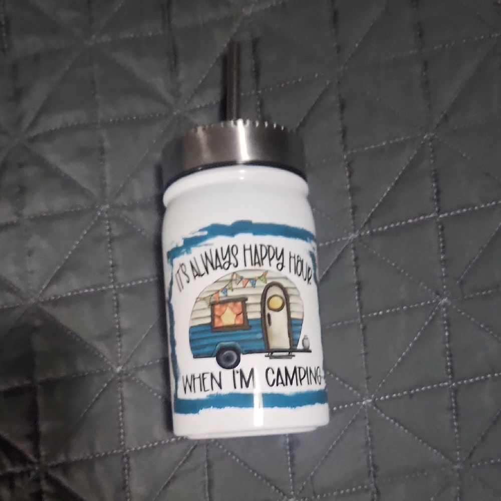 Camping Themed Travel Mug with Straw